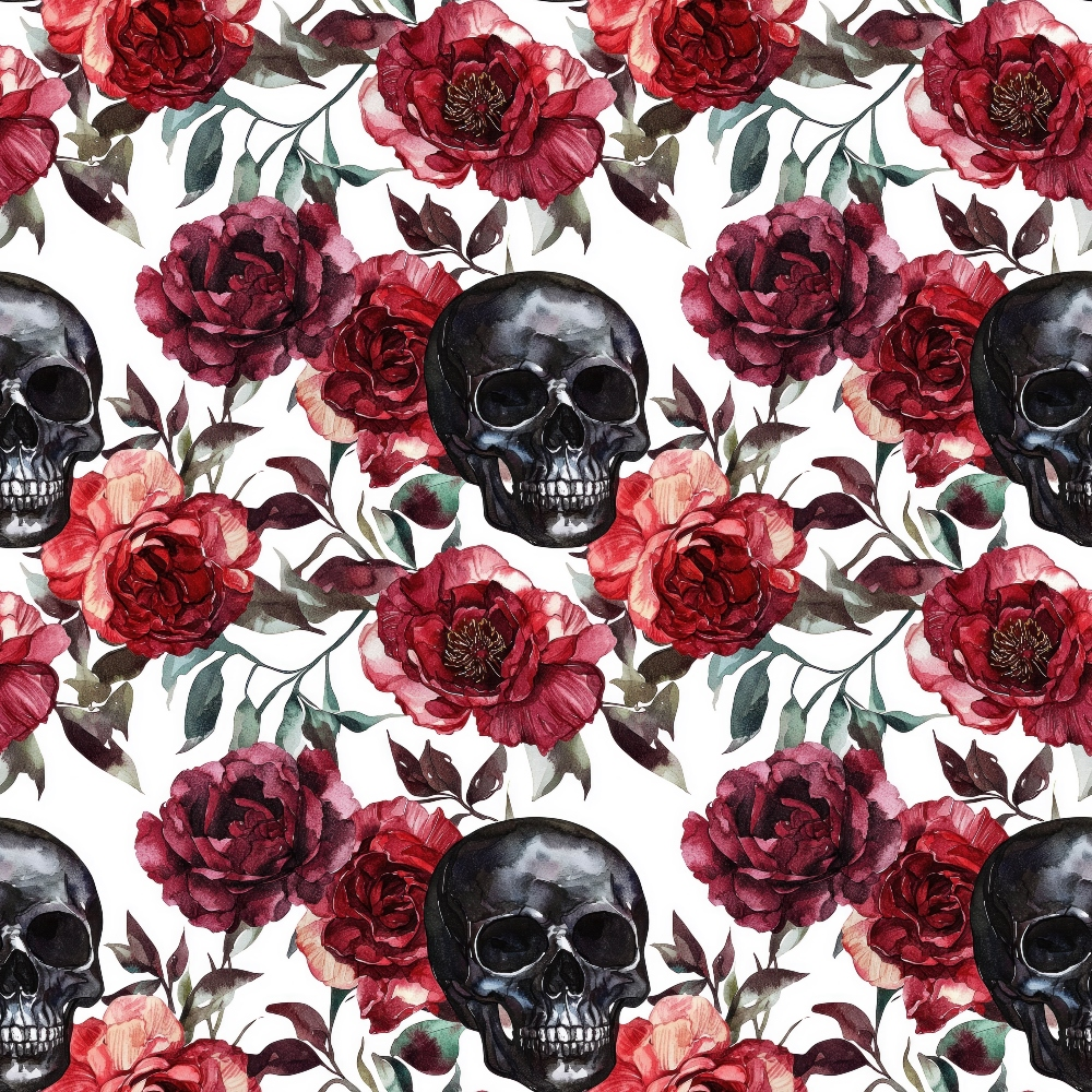 Pattern of black skulls and red roses with green leaves on a white background.