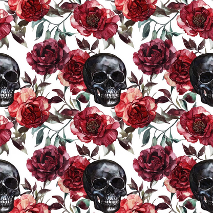 Pattern of black skulls and red roses with green leaves on a white background.