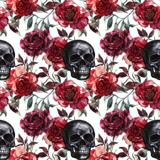 Pattern of black skulls and red roses with green leaves on a white background.