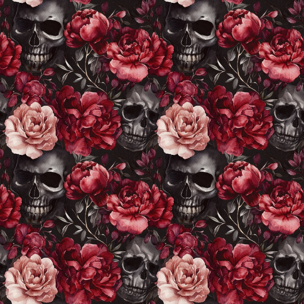 Pattern of dark skulls and red flowers on a black background.