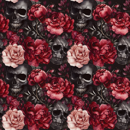 Pattern of dark skulls and red flowers on a black background.