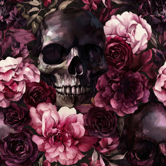 A skull surrounded by dark, pink, and burgundy roses with leafy accents.