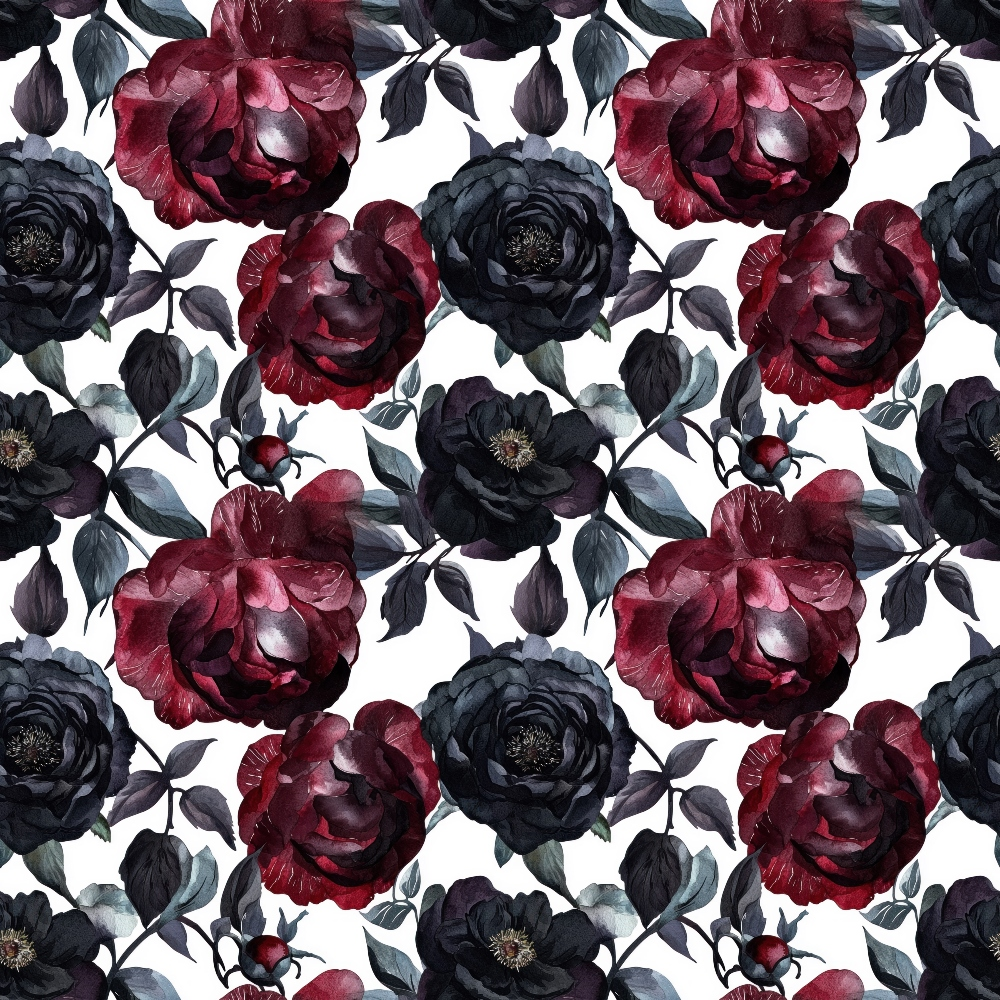 Pattern of dark red and black roses with leaves on a white background.