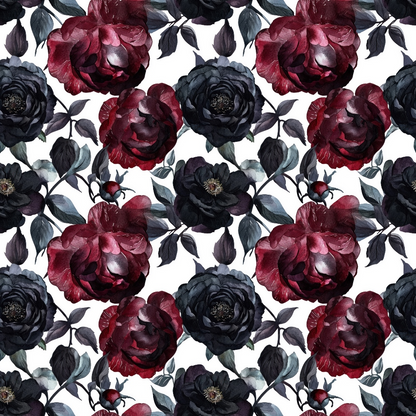 Pattern of dark red and black roses with leaves on a white background.