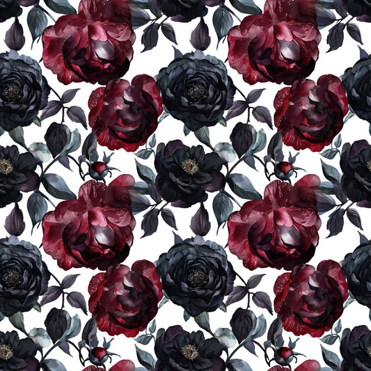 Pattern of dark red and black roses with leaves on a white background.