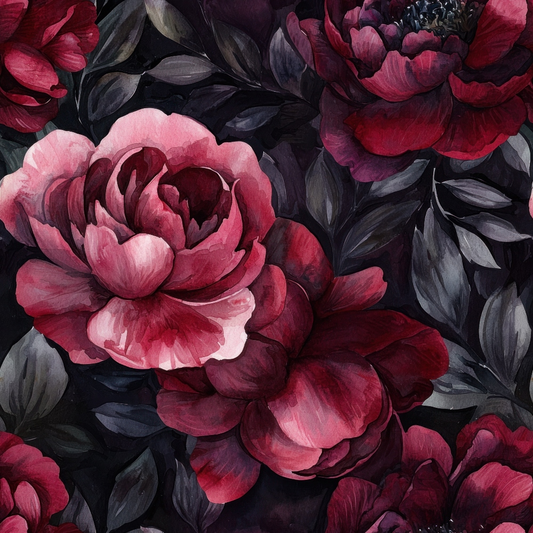 Red and pink peony flowers with dark, leafy background in a detailed, artistic design.