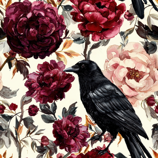 A black crow is perched among red and pink peonies, with leaves in various shades against a light background.