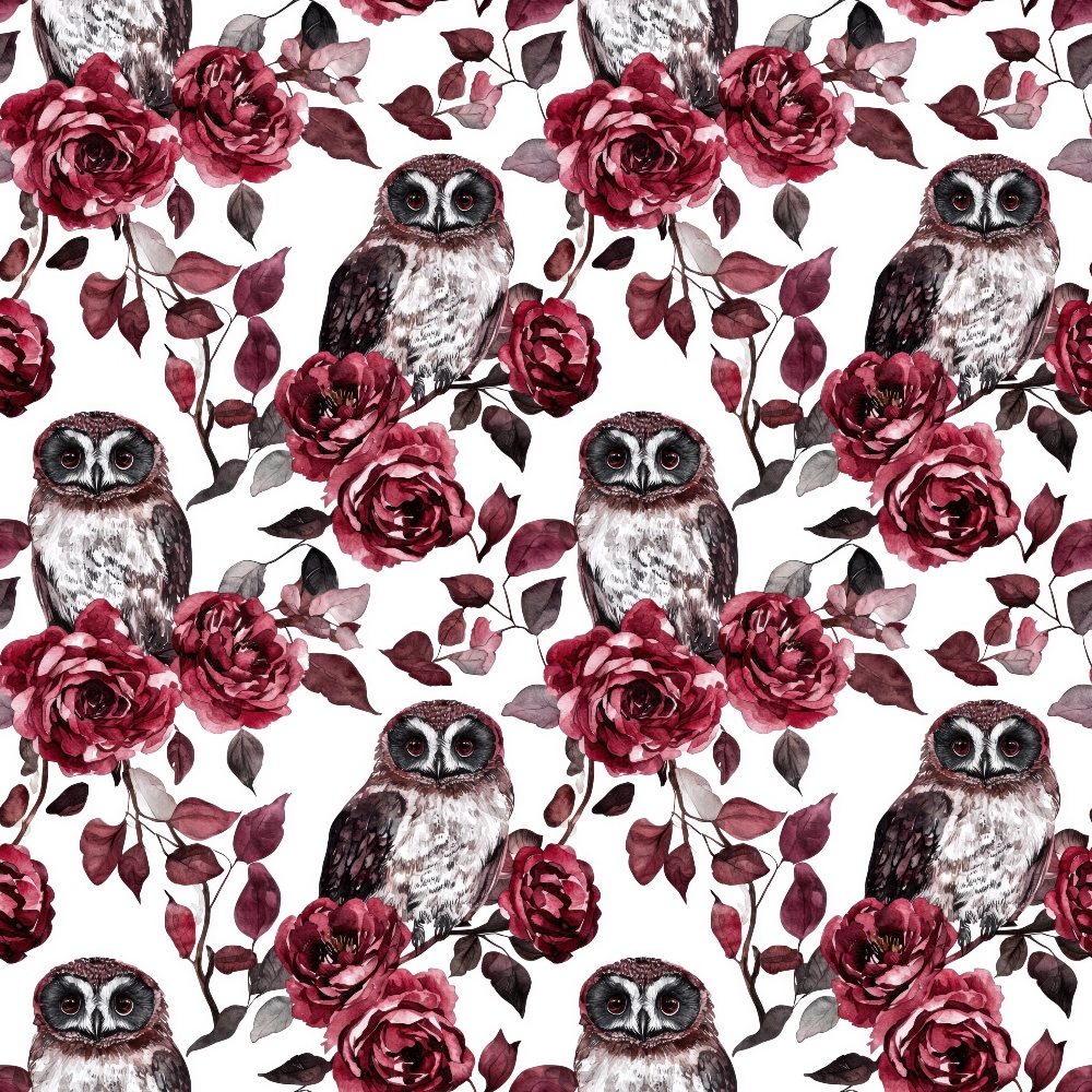 Pattern of owls surrounded by red roses and dark leaves on a white background.