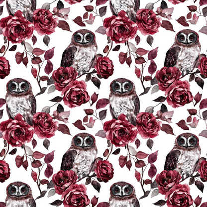 Pattern of owls surrounded by red roses and dark leaves on a white background.