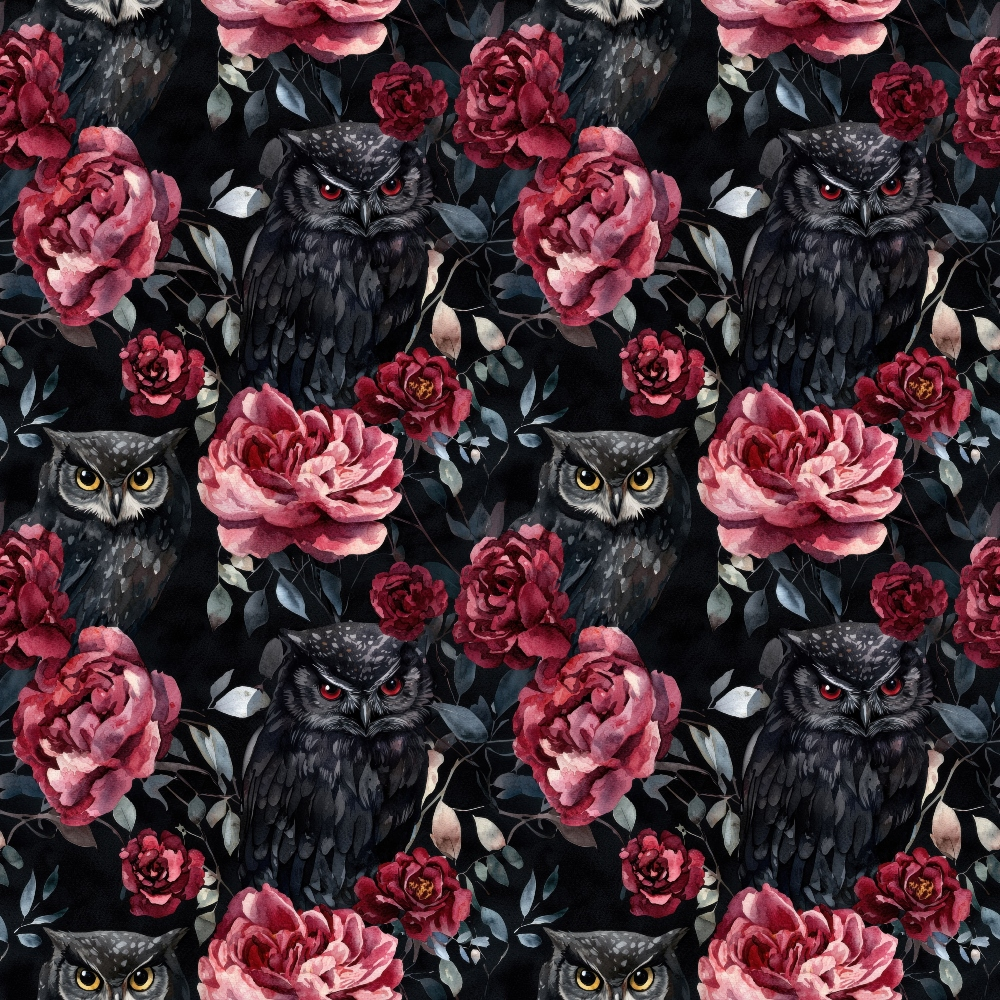 Seamless pattern with dark owls and pink roses on a black background.