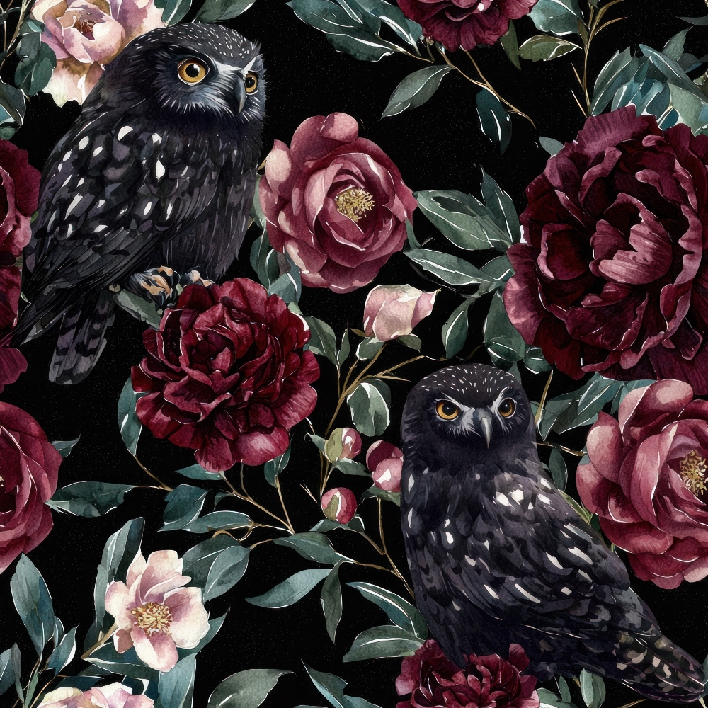 Two black owls are perched among red and pink roses with green leaves on a dark background.