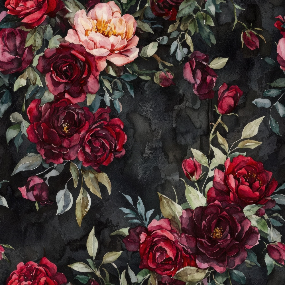 A pattern of red and pink roses with green leaves on a dark background.