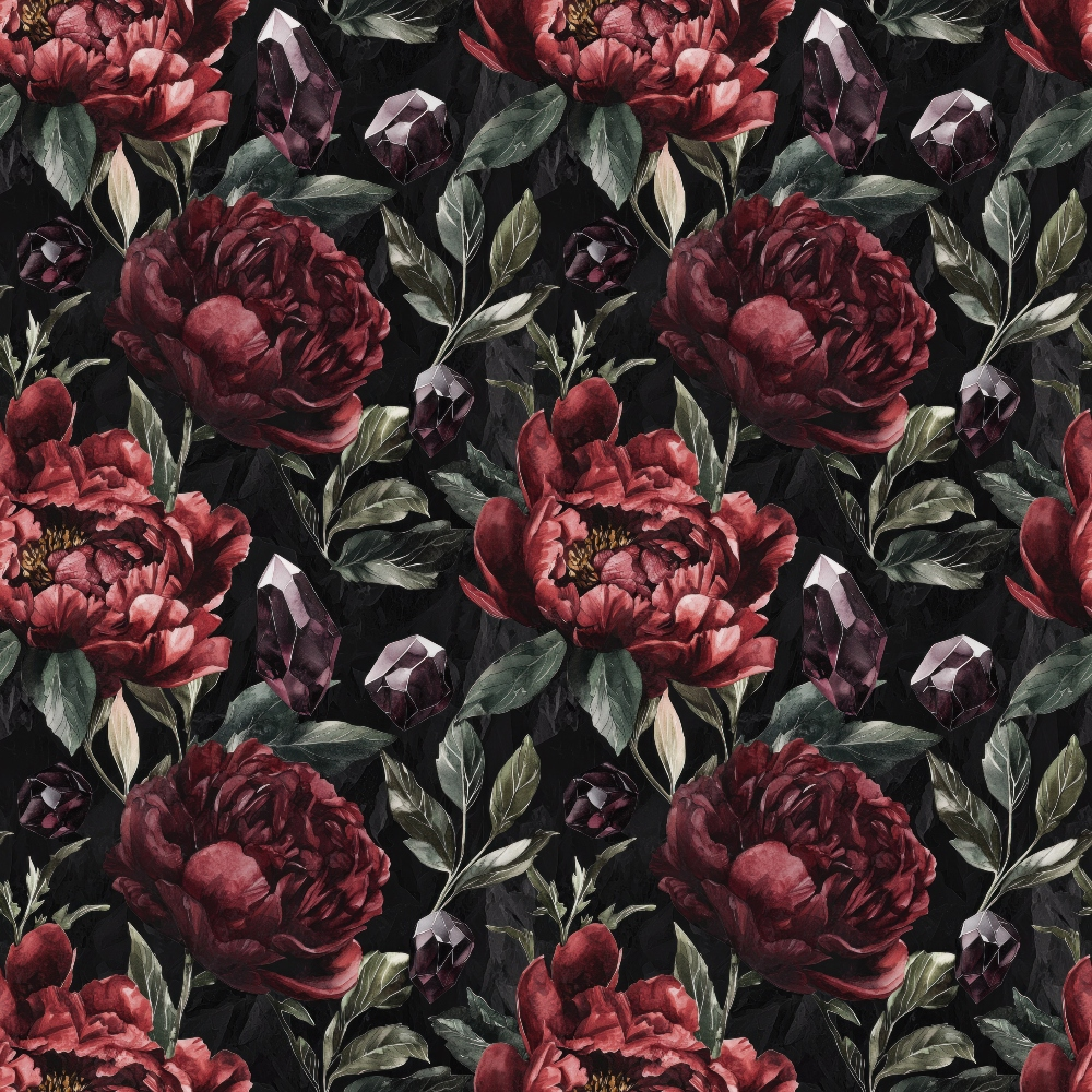 Pattern of dark red peonies and green leaves on a black background, interspersed with deep purple gemstones.