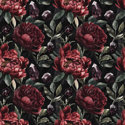 Pattern of dark red peonies and green leaves on a black background, interspersed with deep purple gemstones.