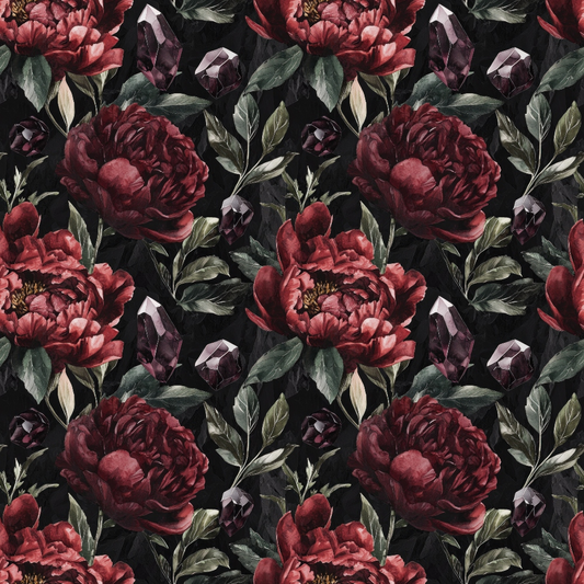 Pattern of dark red peonies and green leaves on a black background, interspersed with deep purple gemstones.