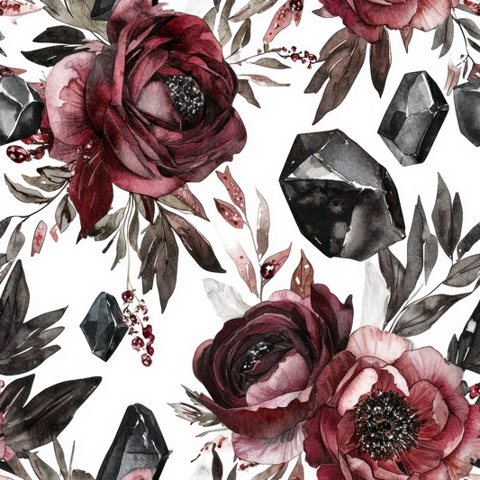 Floral and gemstone pattern with red and pink flowers, dark leaves, and faceted black gemstones on a white background.