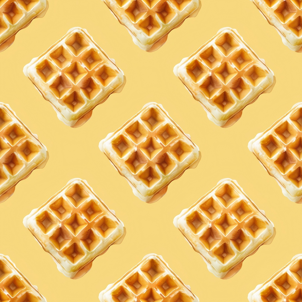 A pattern of identical waffle squares with syrup on a yellow background.