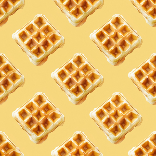 A pattern of identical waffle squares with syrup on a yellow background.