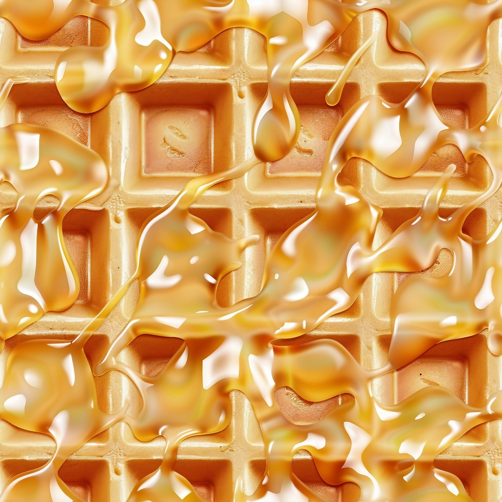 Close-up of a waffle topped with dripping caramel sauce, showcasing the textured surface and glossy liquid.