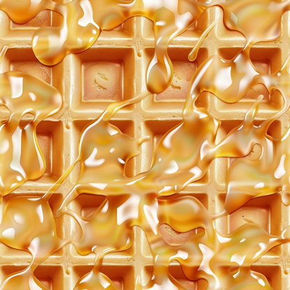 Close-up of a waffle topped with dripping caramel sauce, showcasing the textured surface and glossy liquid.