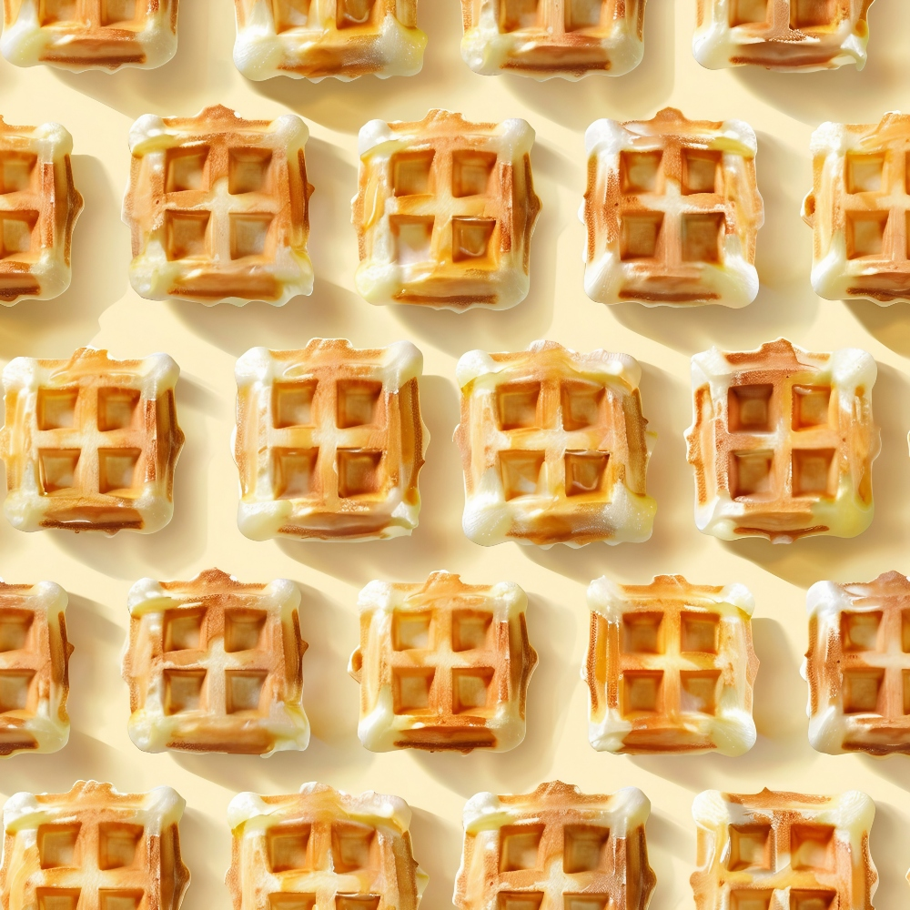 Rows of square waffles with syrup drizzles on a light yellow background.