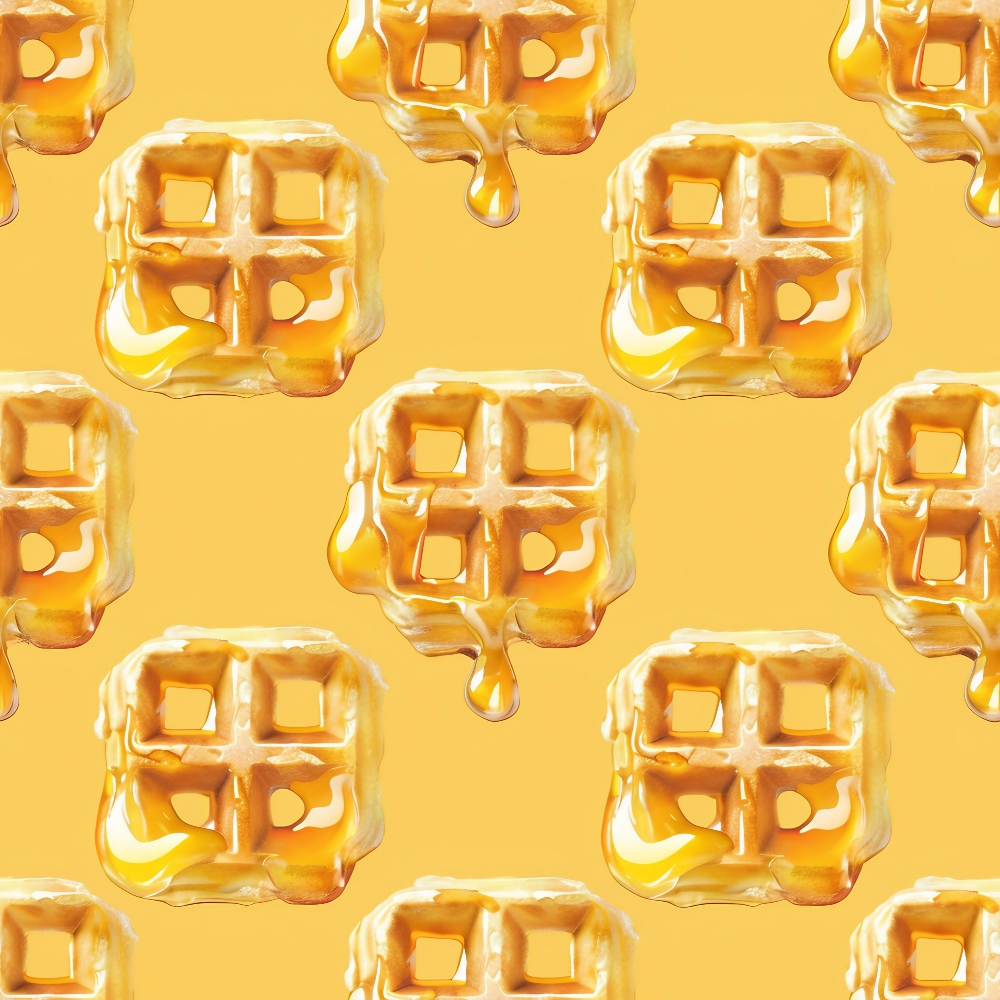 Pattern of waffles with syrup dripping on a yellow background.