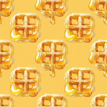 Pattern of waffles with syrup dripping on a yellow background.