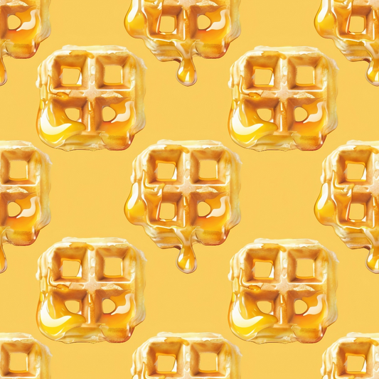 Pattern of waffles with syrup dripping on a yellow background.