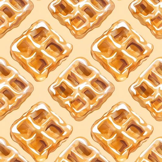 A seamless pattern of waffles with syrup on a light tan background, arranged in a diagonal grid.