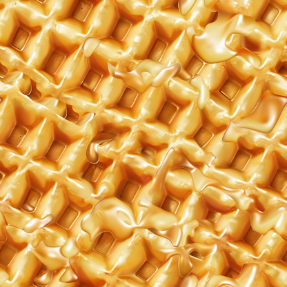 Close-up of a golden waffle topped with glossy syrup, highlighting its grid pattern and texture.