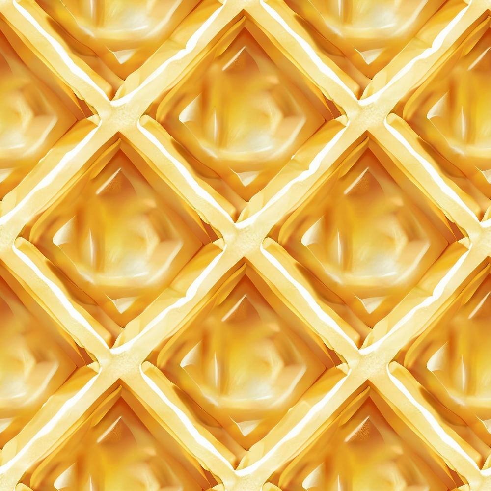 Close-up of a golden, textured waffle pattern in a repeating diamond shape.