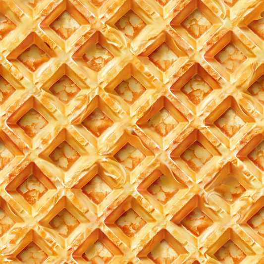 Close-up of a waffle pattern topped with melted butter, showing a grid of golden, crispy squares with soft edges.