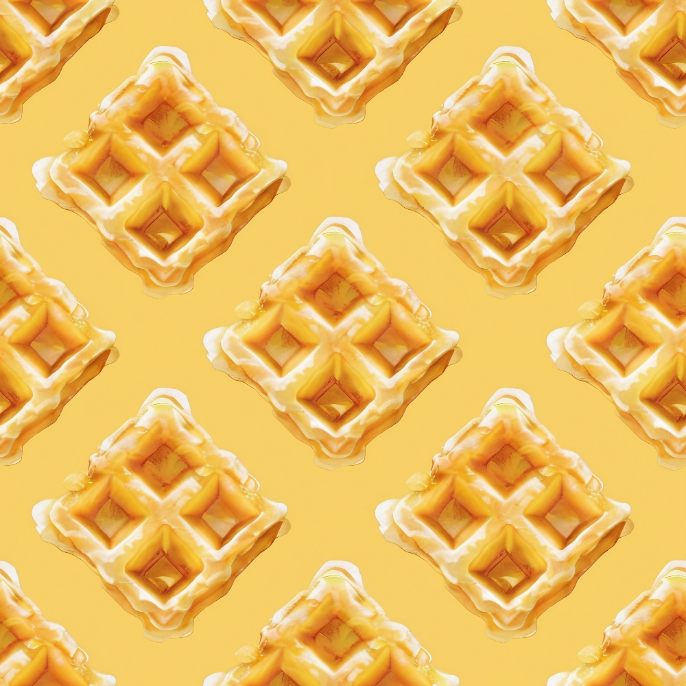 Pattern of waffles with syrup on a yellow background.