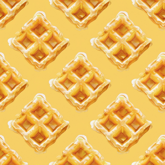 Pattern of waffles with syrup on a yellow background.