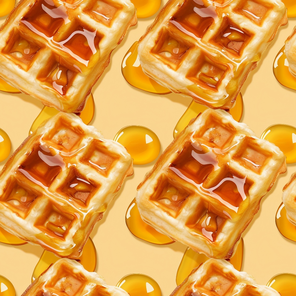 Waffles with syrup are arranged in a repeating pattern on a light orange background.