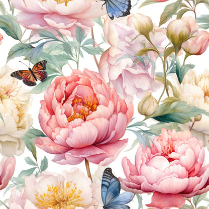 pink flowers, coral peonies, blue butterflies, orange monarch butterfly, watercolor style, floral pattern, botanical design, soft pastels, green leaves, cream background, quilting cotton, fabric panel, spring theme, delicate artwork, layered petals, nature motif, feminine colors, garden scene, blooming flowers