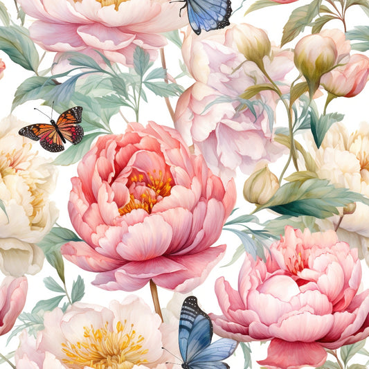 Illustration of pink and white peonies with green leaves, accompanied by butterflies, on a white background. The flowers are in full bloom, and the overall pattern is detailed and vibrant.