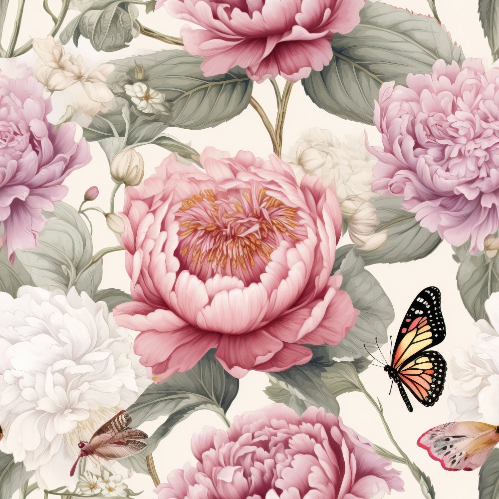pink peonies, sage green leaves, monarch butterfly, floral pattern, botanical design, quilting cotton, fabric panel, soft pastels, cream background, layered petals, nature motif, spring flowers, delicate butterflies, romantic florals, garden theme, watercolor style, blooming flowers, feminine colors, repeating pattern, vintage inspired
