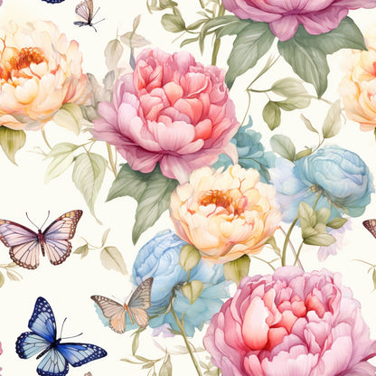 - Butterfly Dance Pattern 11 Quilting Cotton Fabric  
- Floral design  
- Pink, peach, blue flowers  
- Green leaves  
- Butterflies in shades of blue, brown, and beige  
- Cotton material  
- Quilting fabric  
- Soft pastel colors  
- Garden inspired  
- Elegant, delicate, nature-themed