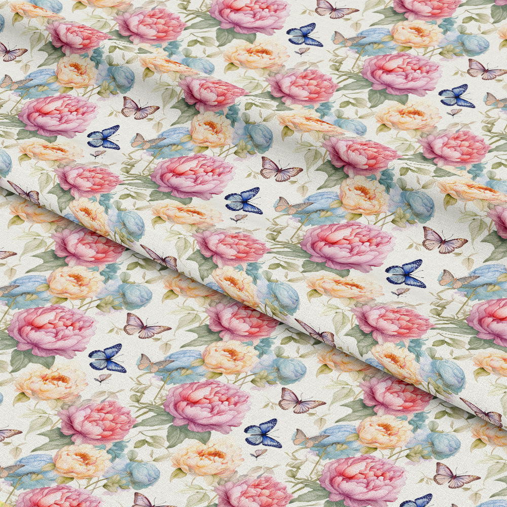 - Butterfly Dance Pattern 11 Quilting Cotton Fabric  
- Floral design  
- Butterflies  
- Pink roses  
- Yellow flowers  
- Blue accents  
- Green leaves  
- Soft colors  
- Cotton textile  
- Quilting material  
- Elegant nature motif
