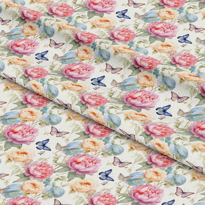 - Butterfly Dance Pattern 11 Quilting Cotton Fabric  
- Floral design  
- Butterflies  
- Pink roses  
- Yellow flowers  
- Blue accents  
- Green leaves  
- Soft colors  
- Cotton textile  
- Quilting material  
- Elegant nature motif