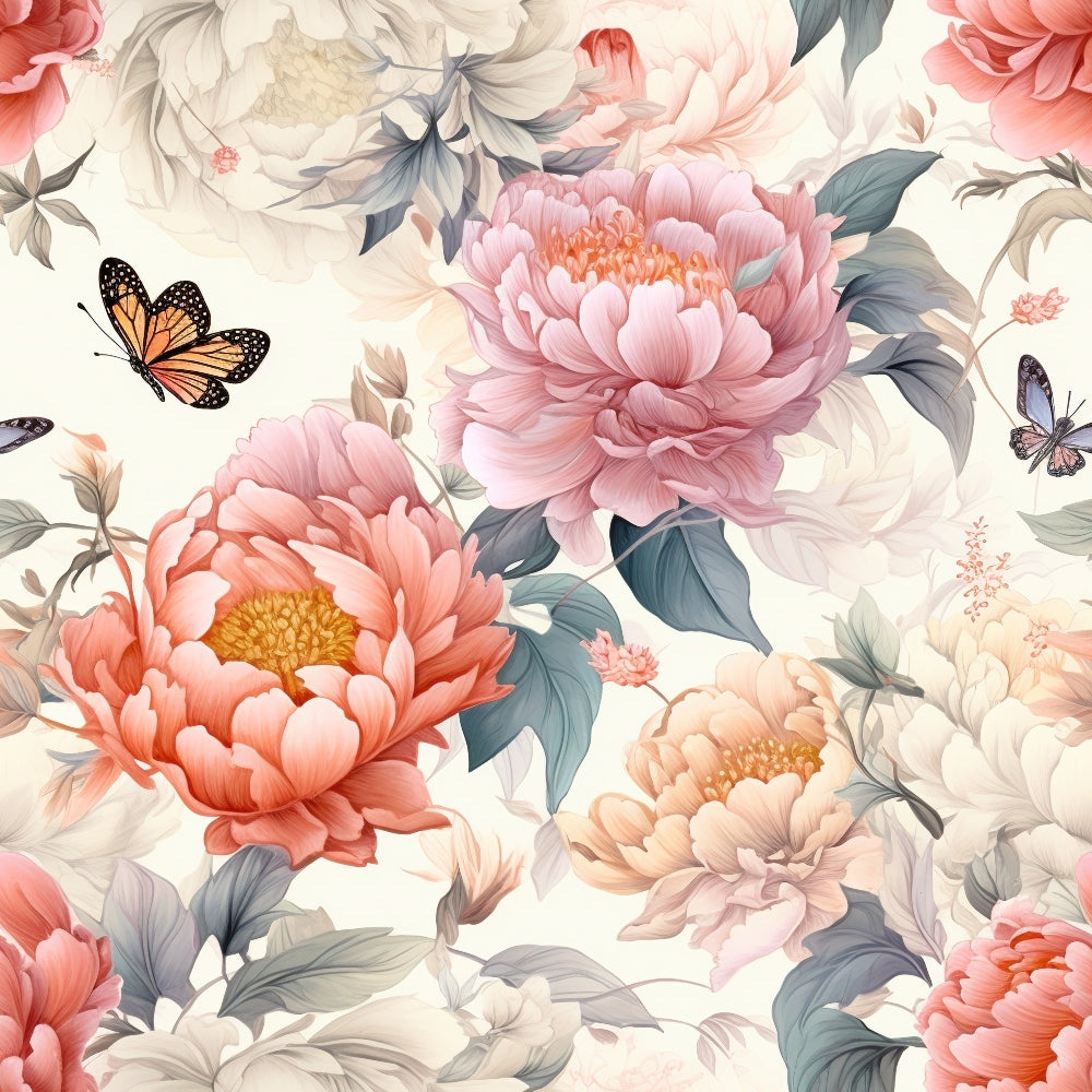coral pink, dusty rose, sage green, cream background, peony flowers, butterfly motifs, monarch butterfly, floral pattern, botanical design, vintage style, romantic mood, quilting cotton, fabric panel, spring theme, garden scene, delicate petals, layered blooms, nature inspired, soft pastels, feminine aesthetic