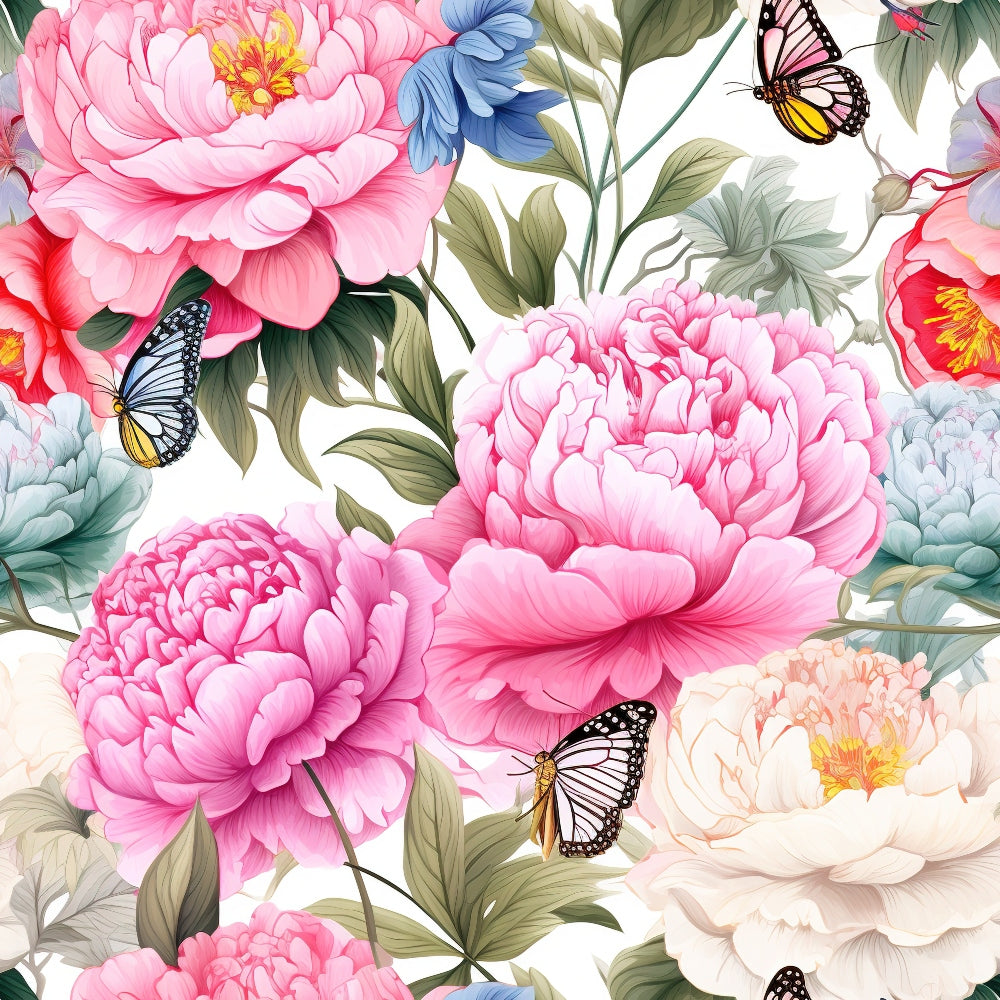 pink peonies, butterflies, floral pattern, quilting cotton, fabric panel, botanical design, monarch butterflies, soft pink, cream white, sage green, blue flowers, nature motif, garden theme, delicate petals, realistic flowers, spring colors, feminine design, continuous pattern, cotton fabric, crafting material