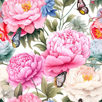 pink peonies, butterflies, floral pattern, quilting cotton, fabric panel, botanical design, monarch butterflies, soft pink, cream white, sage green, blue flowers, nature motif, garden theme, delicate petals, realistic flowers, spring colors, feminine design, continuous pattern, cotton fabric, crafting material