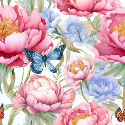 butterfly, floral pattern, pink peonies, blue flowers, watercolor style, quilting cotton, fabric panel, spring motif, garden theme, coral pink, powder blue, yellow centers, green leaves, botanical design, delicate butterflies, soft pastels, seamless repeat, nature inspired, feminine colors, cottage style