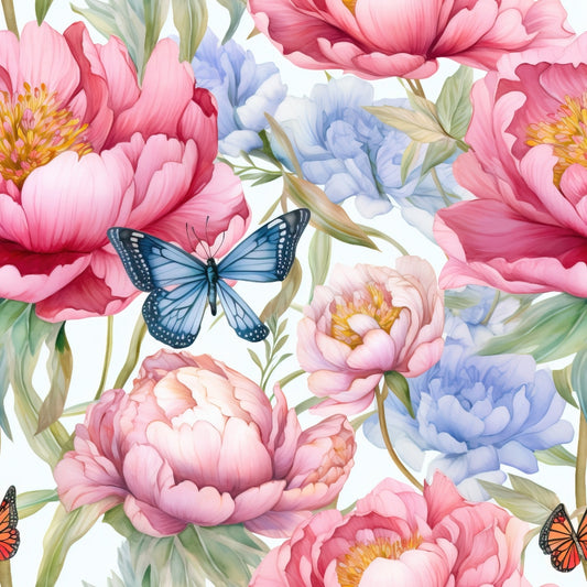 butterfly, floral pattern, pink peonies, blue flowers, watercolor style, quilting cotton, fabric panel, spring motif, garden theme, coral pink, powder blue, yellow centers, green leaves, botanical design, delicate butterflies, soft pastels, seamless repeat, nature inspired, feminine colors, cottage style