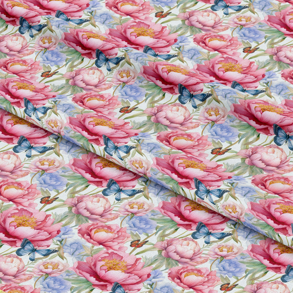 - Butterfly Dance Pattern 3 Quilting Cotton Fabric  
- Floral cotton fabric  
- Pink flowers  
- Blue butterflies  
- Green leaves  
- Soft quilting material  
- Light background  
- Botanical print  
- Nature-inspired textile  
- Quilting fabric yardage