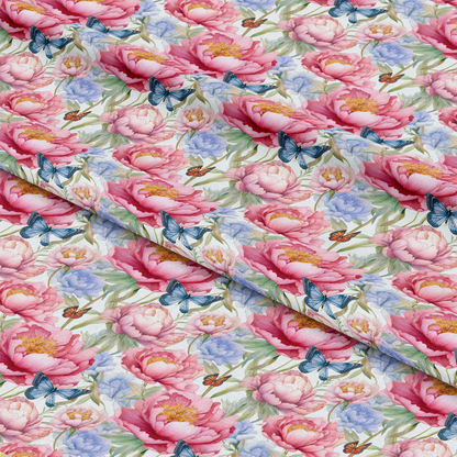 - Butterfly Dance Pattern 3 Quilting Cotton Fabric  
- Floral cotton fabric  
- Pink flowers  
- Blue butterflies  
- Green leaves  
- Soft quilting material  
- Light background  
- Botanical print  
- Nature-inspired textile  
- Quilting fabric yardage