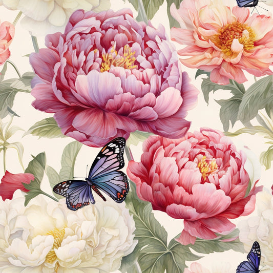 butterfly, peony flowers, floral pattern, pink blooms, coral flowers, cream background, blue butterflies, botanical design, quilting cotton, fabric panel, spring theme, garden motif, watercolor style, romantic florals, nature scene, delicate petals, soft pastels, feminine design, blooming peonies, monarch butterflies