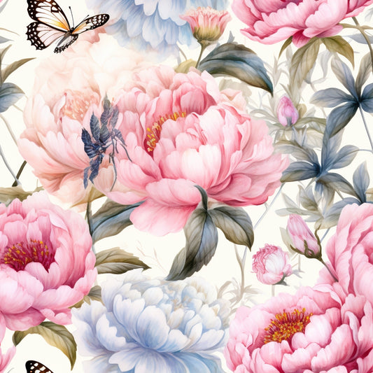 pink peonies, blue flowers, butterflies, floral pattern, watercolor style, botanical design, soft pastels, romantic florals, quilting cotton, fabric panel, garden flowers, delicate petals, nature motif, spring blooms, feminine design, repeating pattern, large scale florals, dreamy aesthetic